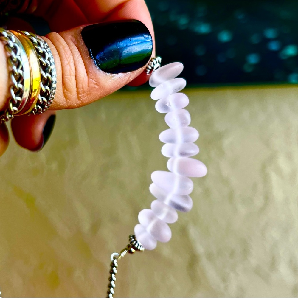 Frosted pink crystal quartz gemstones chips bar choker necklace boho stones - Picture 9 of 11
